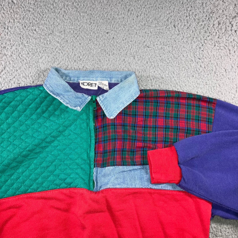 VTG Koret Colorblock Sweatshirt Women M 1/2 Zip Multi Retro Quilted Denim Collar